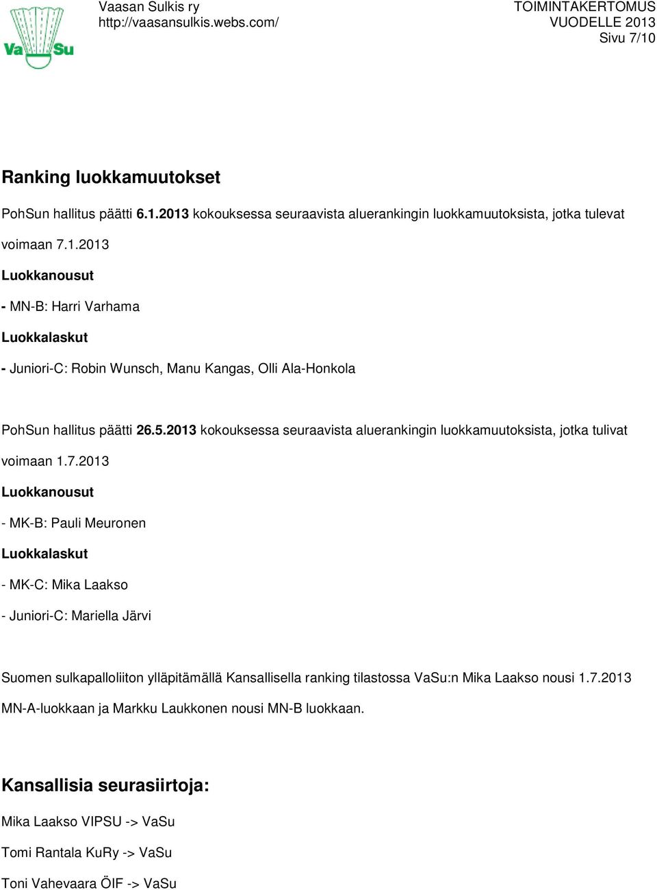 2013 Luokkanousut - MK-B: Pauli Meuronen Luokkalaskut - MK-C: Mika Laakso - Juniori-C: Mariella Järvi Suomen sulkapalloliiton ylläpitämällä Kansallisella ranking tilastossa VaSu:n Mika