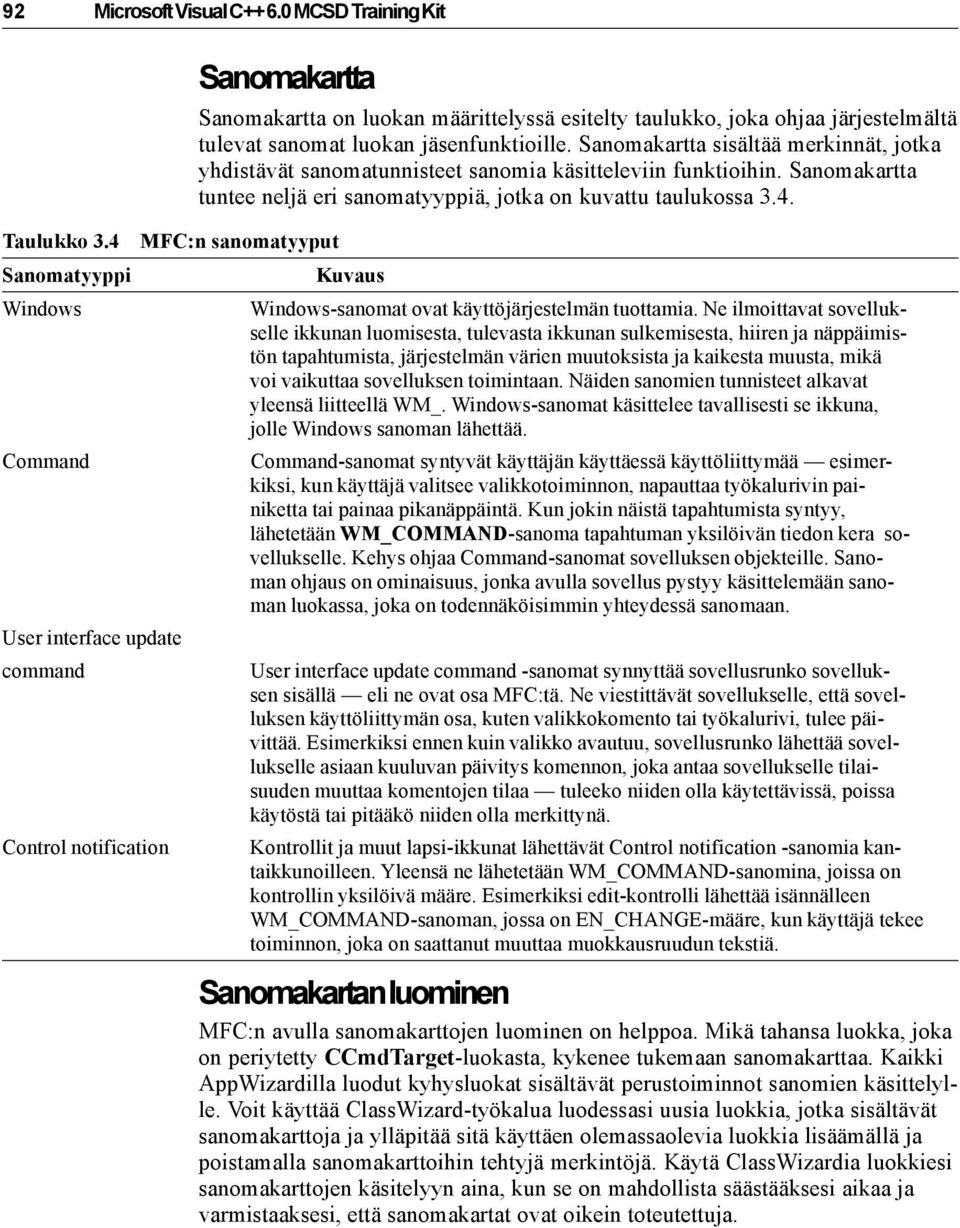 4 MFC:n sanomatyyput Sanomatyyppi Kuvaus Windows Windows-sanomat ovat käyttöjärjestelmän tuottamia.