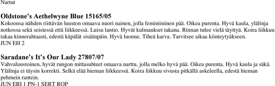 Koira liikkuu takaa kinnerahtaasti, edestä käpälät sisäänpäin. Hyvä luonne. Tiheä karva. Tarvitsee aikaa kiinteytyäkseen.