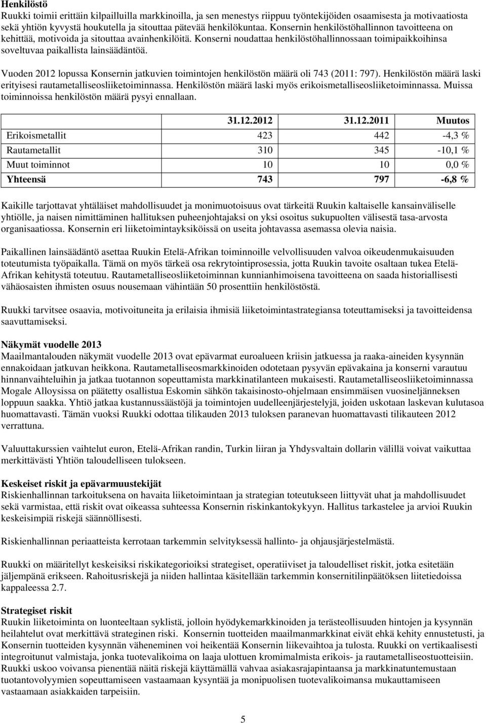 Vuoden 2012 lopussa Konsernin jatkuvien toimintojen henkilöstön määrä oli 743 (2011: 797). Henkilöstön määrä laski erityisesi rautametalliseosliiketoiminnassa.