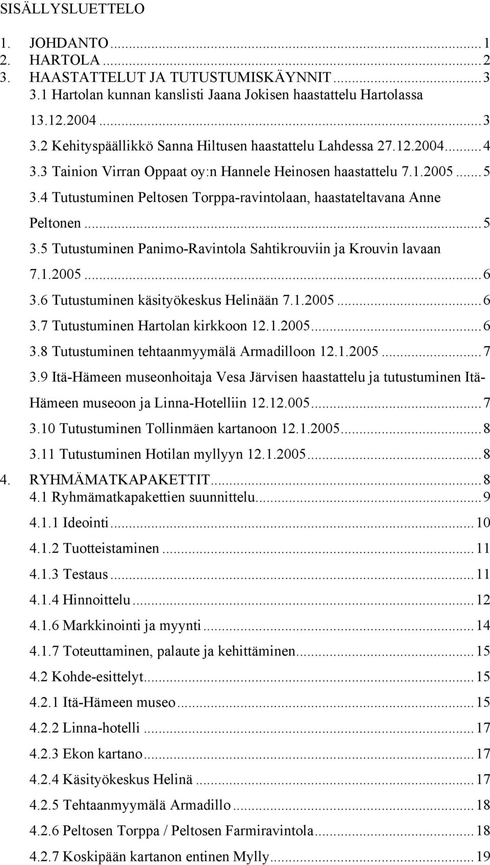 1.2005...6 3.6 Tutustuminen käsityökeskus Helinään 7.1.2005...6 3.7 Tutustuminen Hartolan kirkkoon 12.1.2005...6 3.8 Tutustuminen tehtaanmyymälä Armadilloon 12.1.2005...7 3.