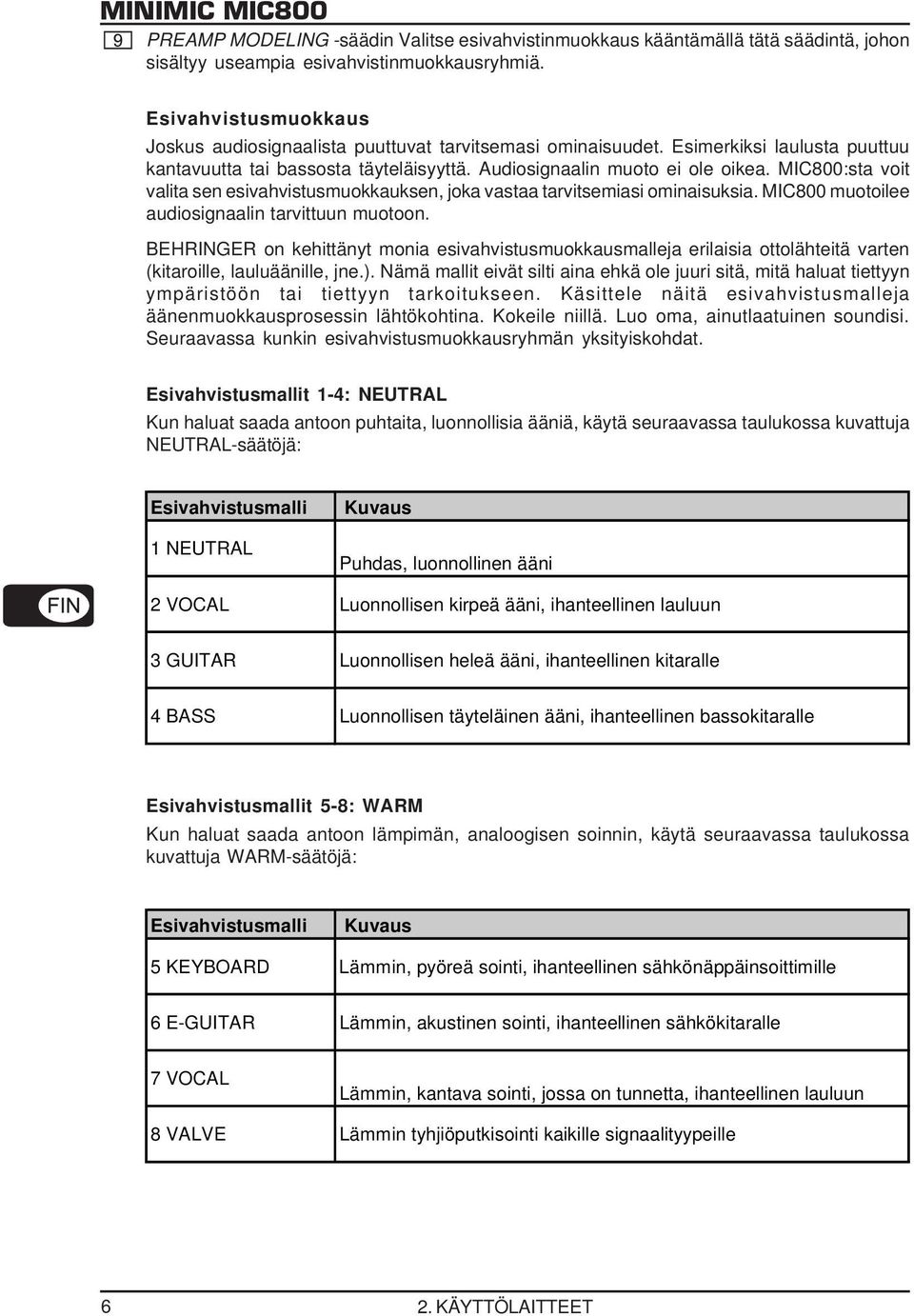 MIC800:sta voit valita sen esivahvistusmuokkauksen, joka vastaa tarvitsemiasi ominaisuksia. MIC800 muotoilee audiosignaalin tarvittuun muotoon.