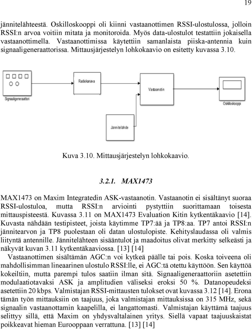 Vastaanotin ei sisältänyt suoraa RSSI-ulostuloa, mutta RSSI:n arviointi pystyttiin suorittamaan toisesta mittauspisteestä. Kuvassa 3.11 on MAX1473 Evaluation Kitin kytkentäkaavio [14].