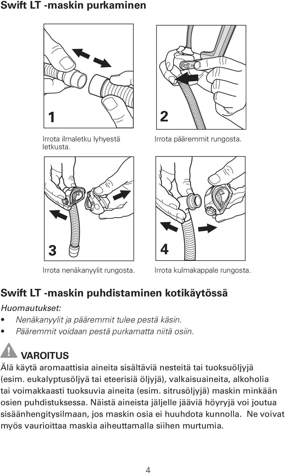 VAROITUS Älä käytä aromaattisia aineita sisältäviä nesteitä tai tuoksuöljyjä (esim.