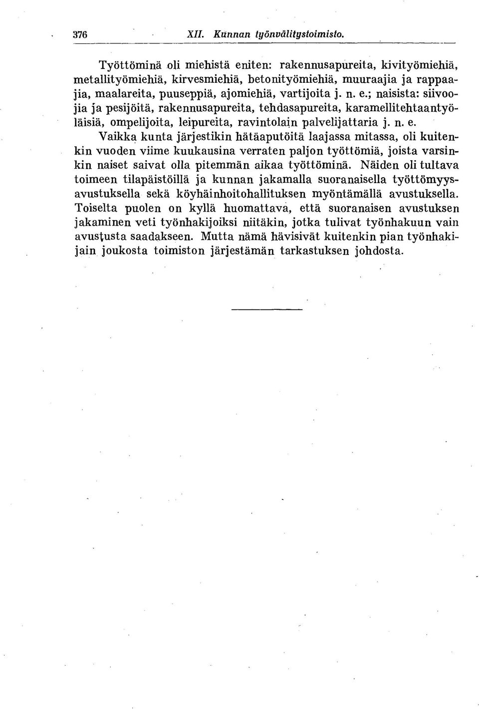 n. e. Vaikka kunta järjestikin hätäaputöitä laajassa mitassa, oli kuitenkin vuoden viime kuukausina verraten paljon työttömiä, joista varsinkin naiset saivat olla pitemmän aikaa työttöminä.