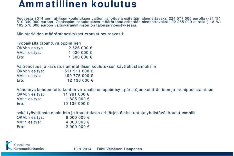 Ministeriöiden määrärahaesitykset eroavat seuraavasti: Työpaikalla tapahtuva oppiminen OKM:n esitys 2 526 000 VM:n esitys: 1 026 000 Ero: 1 500 000 Valtionosuus ja -avustus ammatillisen koulutuksen