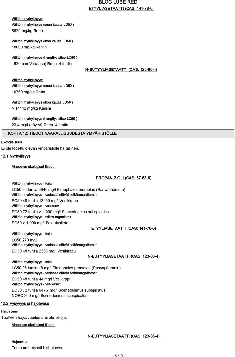 Välitön myrkyllisyys (hengitysteitse LC50 ) 23.4 mg/l (höyryt) Rotta 4 tuntia KOHTA 12: TIEDOT VAARALLISUUDESTA YMPÄRISTÖLLE Ekotoksisuus Ei ole todettu olevan ympäristölle haitallinen. 12.1 Myrkyllisyys Aineosien ekologiset tiedot.