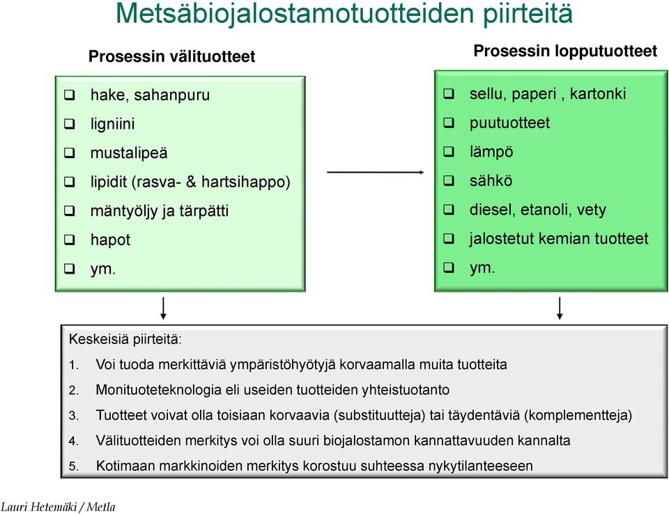 Voi tuoda merkittäviä ympäristöhyötyjä korvaamalla muita tuotteita 2. Monituoteteknologia eli useiden tuotteiden yhteistuotanto 3.