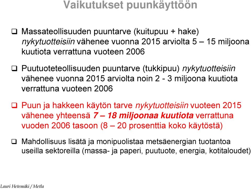 vuoteen 2006 Puun ja hakkeen käytön tarve nykytuotteisiin vuoteen 2015 vähenee yhteensä 7 18 miljoonaa kuutiota verrattuna vuoden 2006 tasoon (8 20