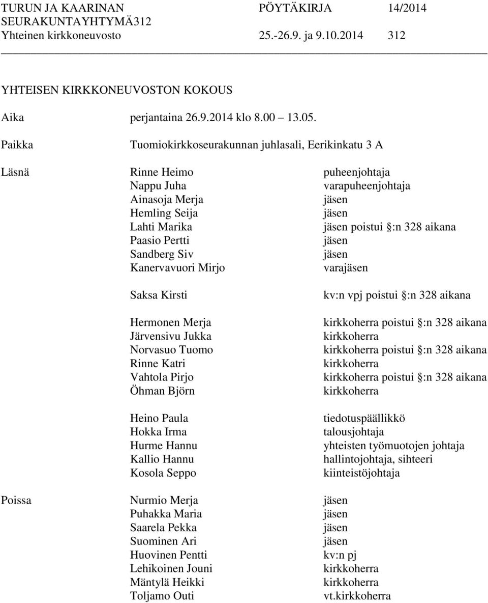 Sandberg Siv Kanervavuori Mirjo vara Saksa Kirsti Hermonen Merja Järvensivu Jukka Norvasuo Tuomo Rinne Katri Vahtola Pirjo Öhman Björn Heino Paula Hokka Irma Hurme Hannu Kallio Hannu Kosola Seppo