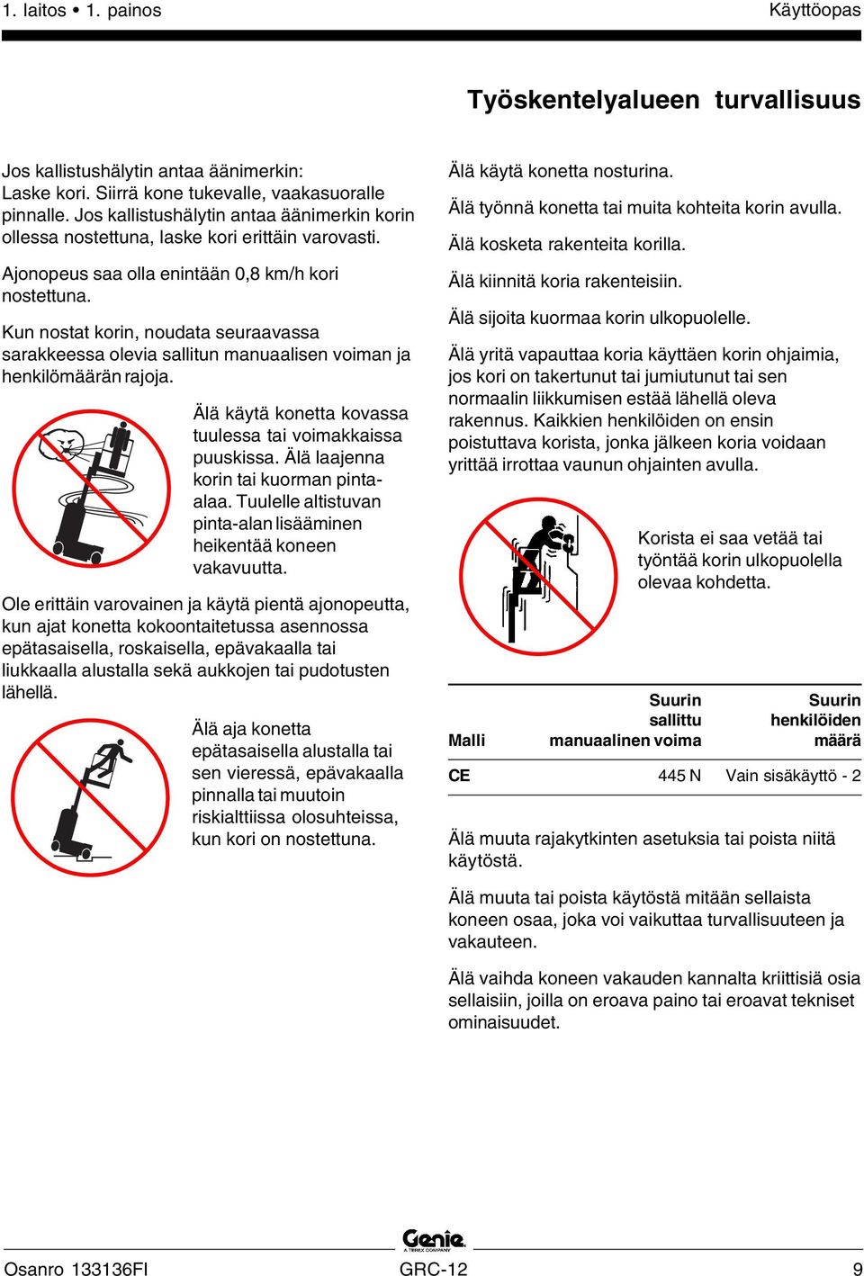 Kun nostat korin, noudata seuraavassa sarakkeessa olevia sallitun manuaalisen voiman ja henkilömäärän rajoja. Älä käytä konetta kovassa tuulessa tai voimakkaissa puuskissa.