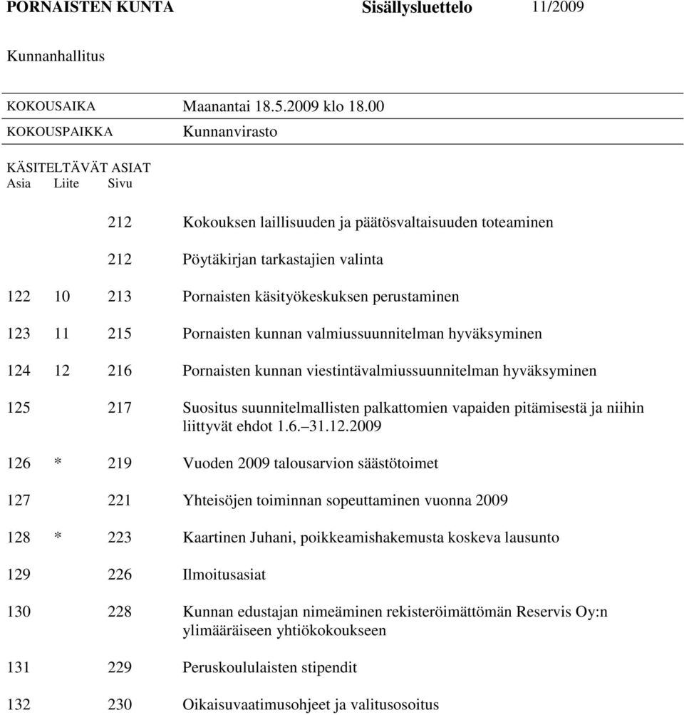 käsityökeskuksen perustaminen 123 11 215 Pornaisten kunnan valmiussuunnitelman hyväksyminen 124 12 216 Pornaisten kunnan viestintävalmiussuunnitelman hyväksyminen 125 217 Suositus suunnitelmallisten