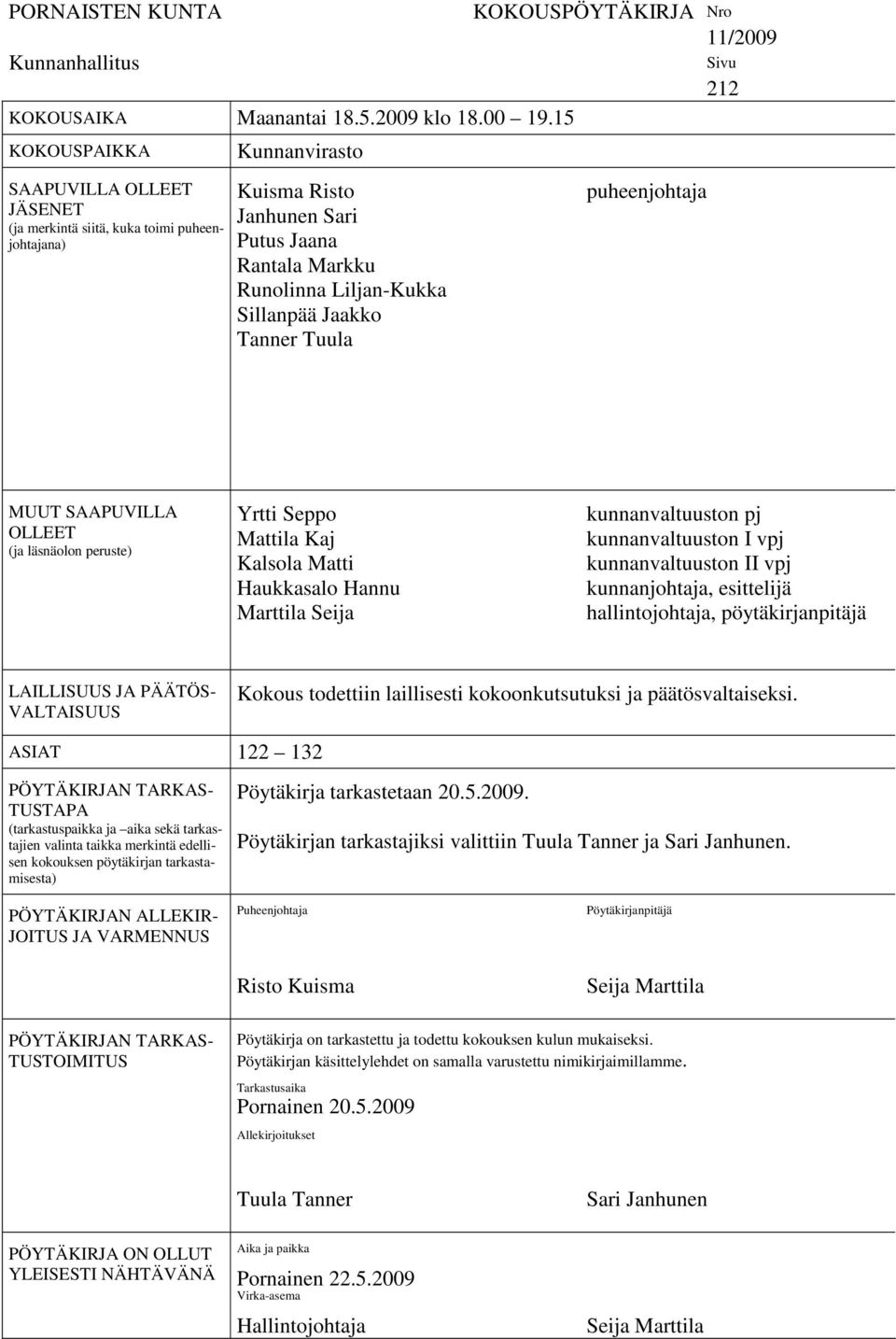 Tanner Tuula KOKOUSPÖYTÄKIRJA Nro 11/2009 puheenjohtaja Sivu 212 MUUT SAAPUVILLA OLLEET (ja läsnäolon peruste) Yrtti Seppo Mattila Kaj Kalsola Matti Haukkasalo Hannu Marttila Seija kunnanvaltuuston