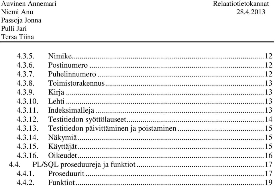 .. 15 4.3.14. Näkymiä... 15 4.3.15. Käyttäjät... 15 4.3.16. Oikeudet... 16 4.4. PL/SQL proseduureja ja funktiot.