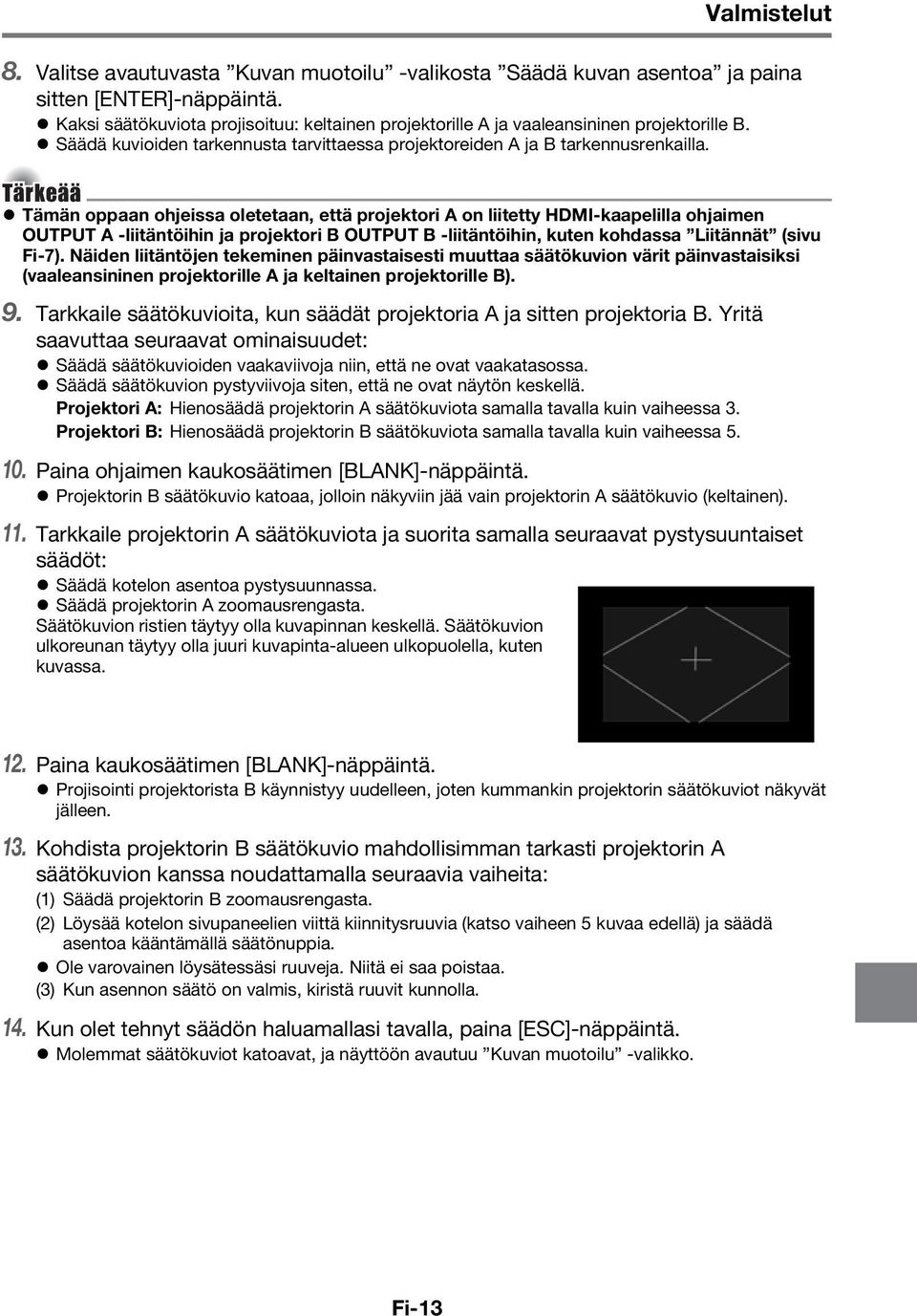 Tärkeää Tämän oppaan ohjeissa oletetaan, että projektori A on liitetty HDMI-kaapelilla ohjaimen OUTPUT A -liitäntöihin ja projektori B OUTPUT B -liitäntöihin, kuten kohdassa Liitännät (sivu Fi-7).