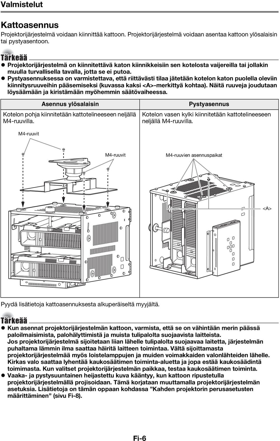 Pystyasennuksessa on varmistettava, että riittävästi tilaa jätetään kotelon katon puolella oleviin kiinnitysruuveihin pääsemiseksi (kuvassa kaksi <A>-merkittyä kohtaa).