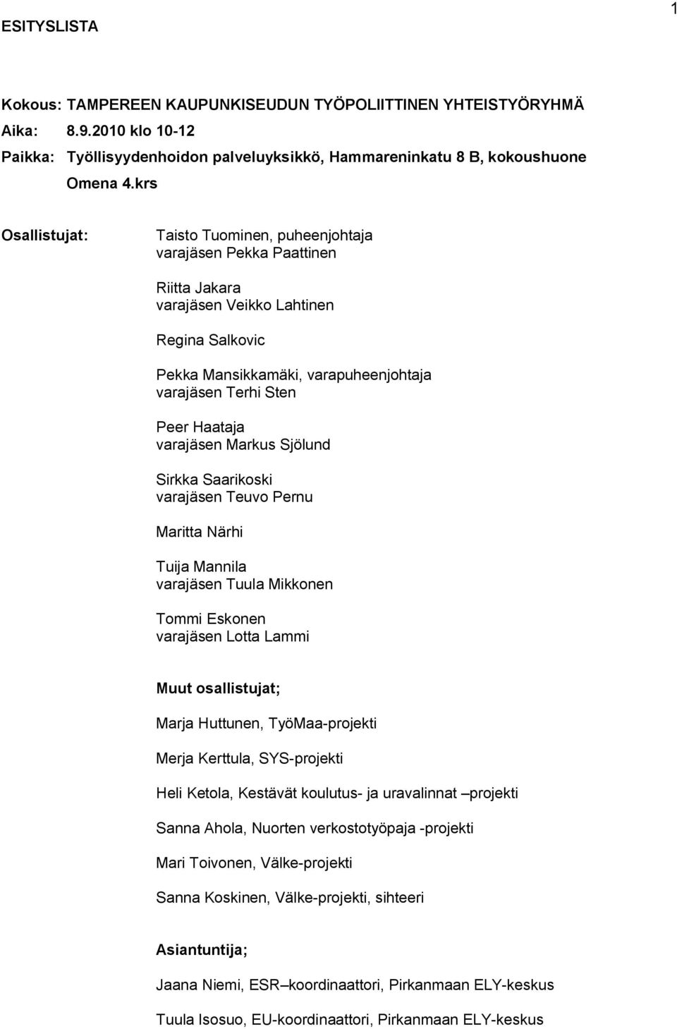 Haataja varajäsen Markus Sjölund Sirkka Saarikoski varajäsen Teuvo Pernu Maritta Närhi Tuija Mannila varajäsen Tuula Mikkonen Tommi Eskonen varajäsen Lotta Lammi Muut osallistujat; Marja Huttunen,