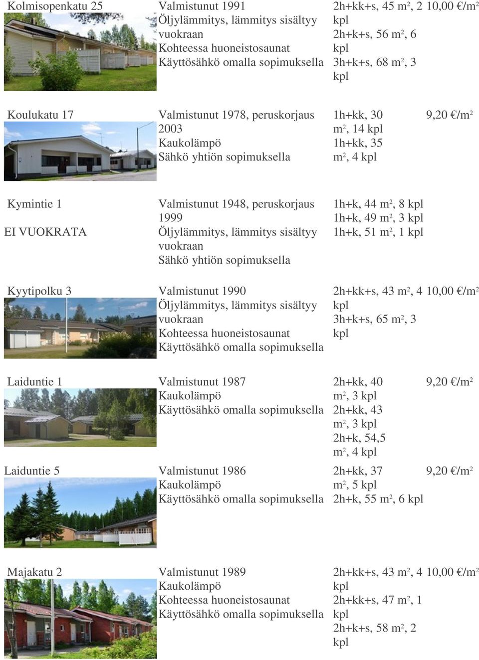 3 Valmistunut 1990 2h+kk+s, 43 m 2, 4 3h+k+s, 65 m 2, 3 Laiduntie 1 Valmistunut 1987 Laiduntie 5 Valmistunut 1986 2h+kk, 40 9,20 /m 2 m 2, 3 2h+kk, 43