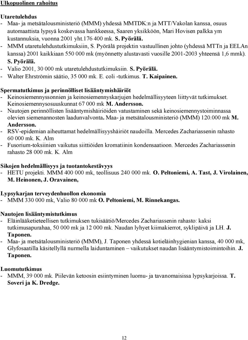 Pyörälä projektin vastuullinen johto (yhdessä MTTn ja EELAn kanssa) 2001 kaikkiaan 550 000 mk (myönnetty alustavasti vuosille 2001-2003 yhteensä 1,6 mmk). S. Pyörälä.