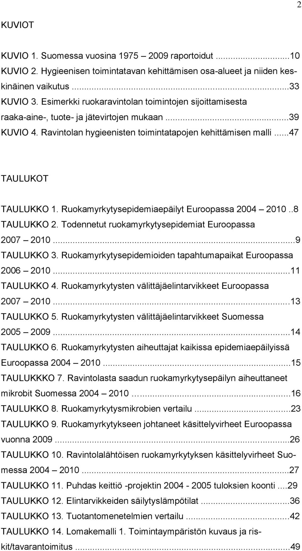 Ruokamyrkytysepidemiaepäilyt Euroopassa 2004 2010..8 TAULUKKO 2. Todennetut ruokamyrkytysepidemiat Euroopassa 2007 2010...9 TAULUKKO 3. Ruokamyrkytysepidemioiden tapahtumapaikat Euroopassa 2006 2010.