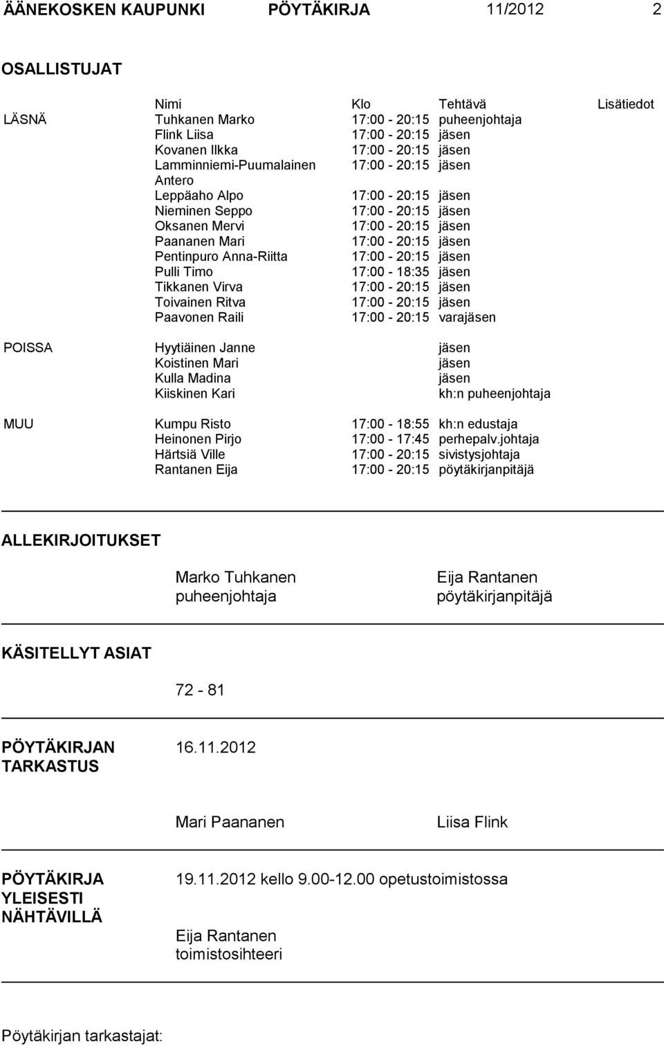 Anna-Riitta 17:00-20:15 jäsen Pulli Timo 17:00-18:35 jäsen Tikkanen Virva 17:00-20:15 jäsen Toivainen Ritva 17:00-20:15 jäsen Paavonen Raili 17:00-20:15 varajäsen POISSA Hyytiäinen Janne jäsen