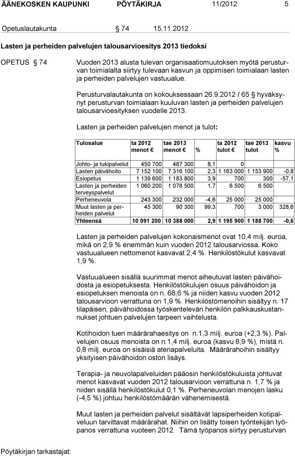 2012 Lasten ja perheiden palvelujen talousarvioesitys 2013 tiedoksi OPETUS 74 Vuoden 2013 alusta tulevan orga ni saa tio muu tok sen myö tä perusturvan toimialalta siirtyy tulevaan kasvun ja op pi mi