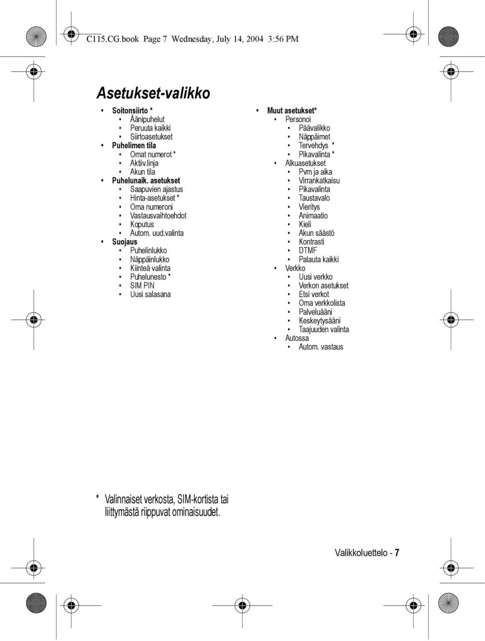 valinta Suojaus Puhelinlukko Näppäinlukko Kiinteä valinta Puhelunesto * SIM PIN Uusi salasana Muut asetukset* Personoi Päävalikko Näppäimet Tervehdys * Pikavalinta * Alkuasetukset Pvm ja aika