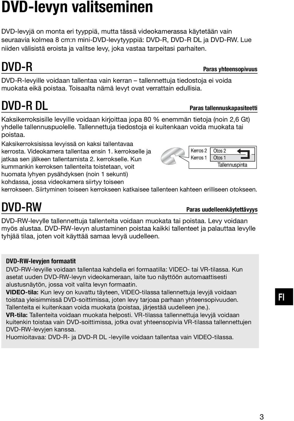 DVD-R Paras yhteensopivuus DVD-R-levyille voidaan tallentaa vain kerran tallennettuja tiedostoja ei voida muokata eikä poistaa. Toisaalta nämä levyt ovat verrattain edullisia.