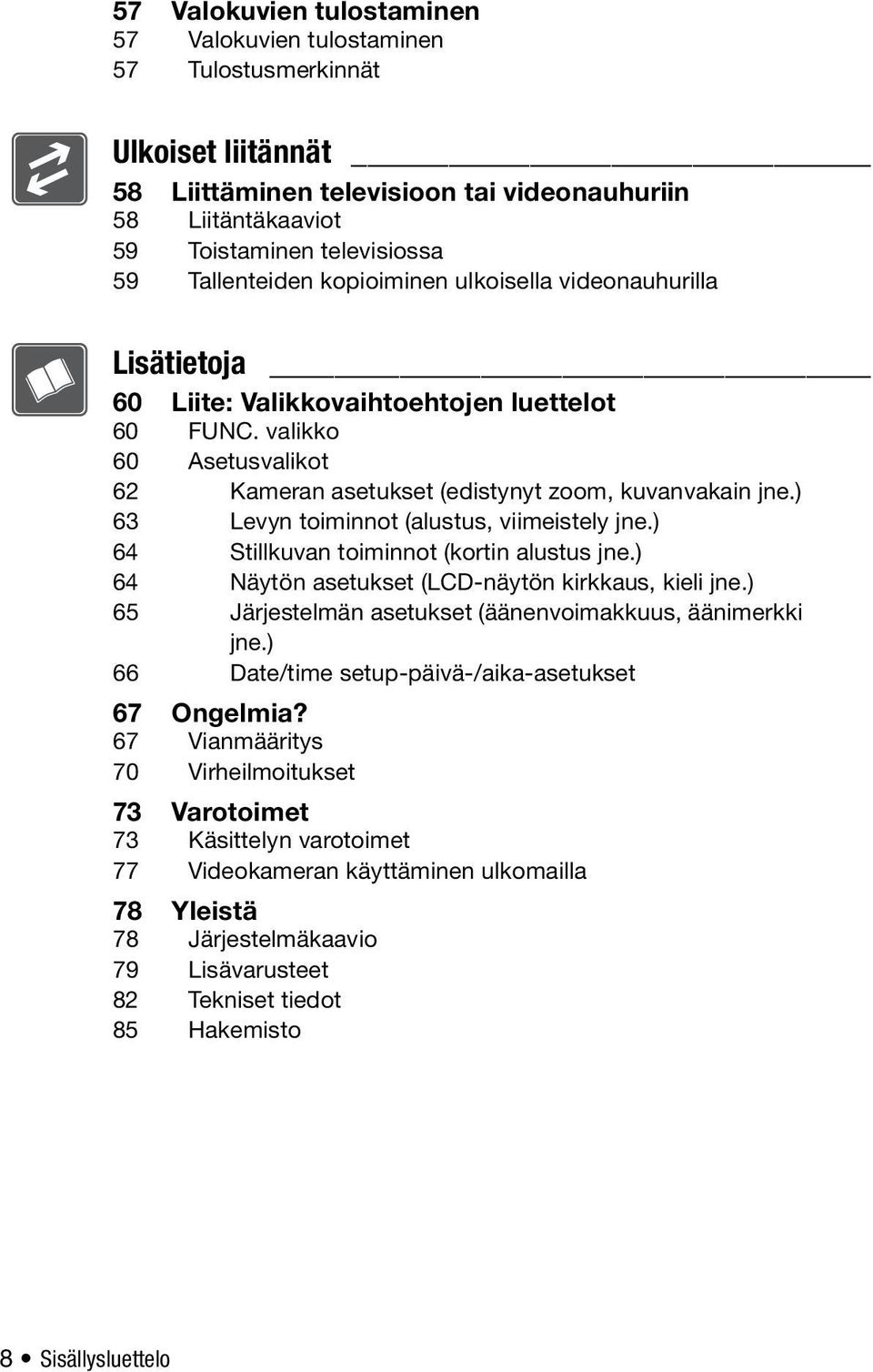 ) 63 Levyn toiminnot (alustus, viimeistely jne.) 64 Stillkuvan toiminnot (kortin alustus jne.) 64 Näytön asetukset (LCD-näytön kirkkaus, kieli jne.