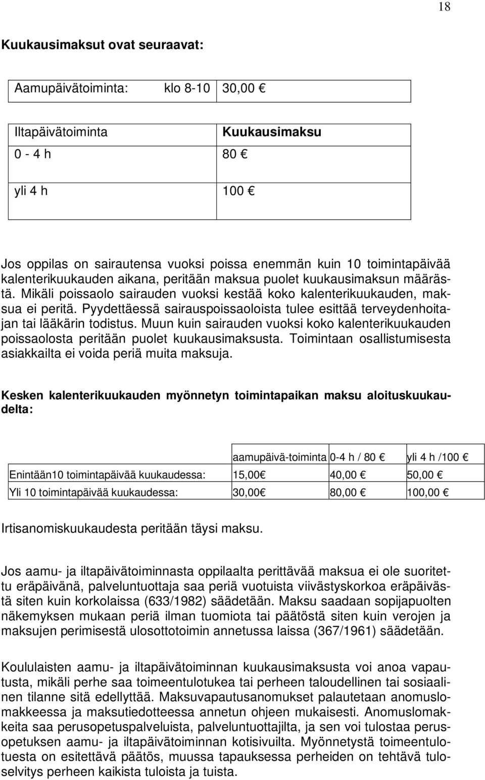 Pyydettäessä sairauspoissaoloista tulee esittää terveydenhoitajan tai lääkärin todistus. Muun kuin sairauden vuoksi koko kalenterikuukauden poissaolosta peritään puolet kuukausimaksusta.