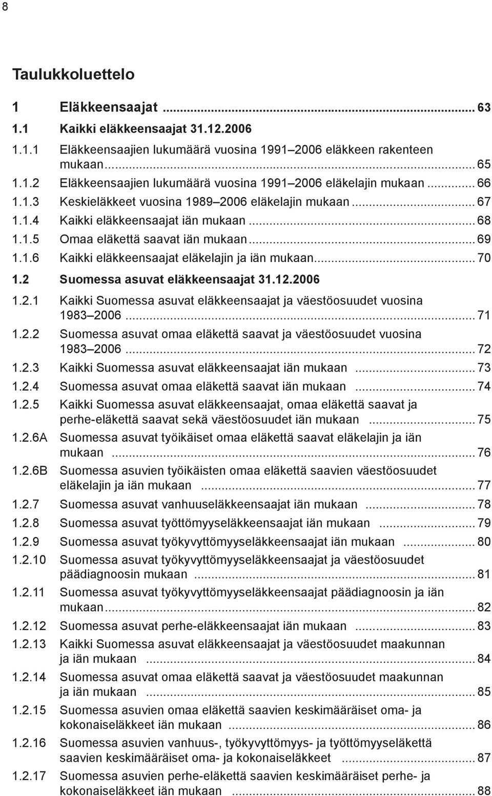 .. 70 1.2 Suomessa asuvat eläkkeensaajat 31.12.2006 1.2.1 Kaikki Suomessa asuvat eläkkeensaajat ja väestöosuudet vuosina 1983 2006... 71 1.2.2 Suomessa asuvat omaa eläkettä saavat ja väestöosuudet vuosina 1983 2006.