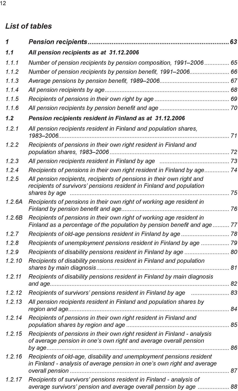 .. 70 1.2 Pension recipients resident in Finland as at 31.12.2006 1.2.1 All pension recipients resident in Finland and population shares, 1983 2006... 71 1.2.2 Recipients of pensions in their own right resident in Finland and population shares, 1983 2006.