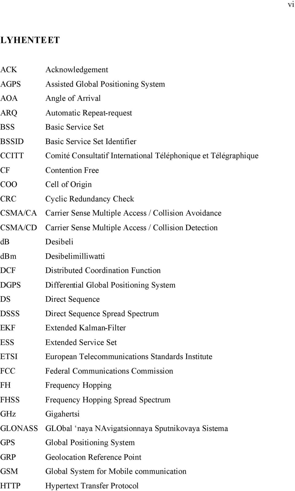 Sense Multiple Access / Collision Detection db Desibeli dbm Desibelimilliwatti DCF Distributed Coordination Function DGPS Differential Global Positioning System DS Direct Sequence DSSS Direct