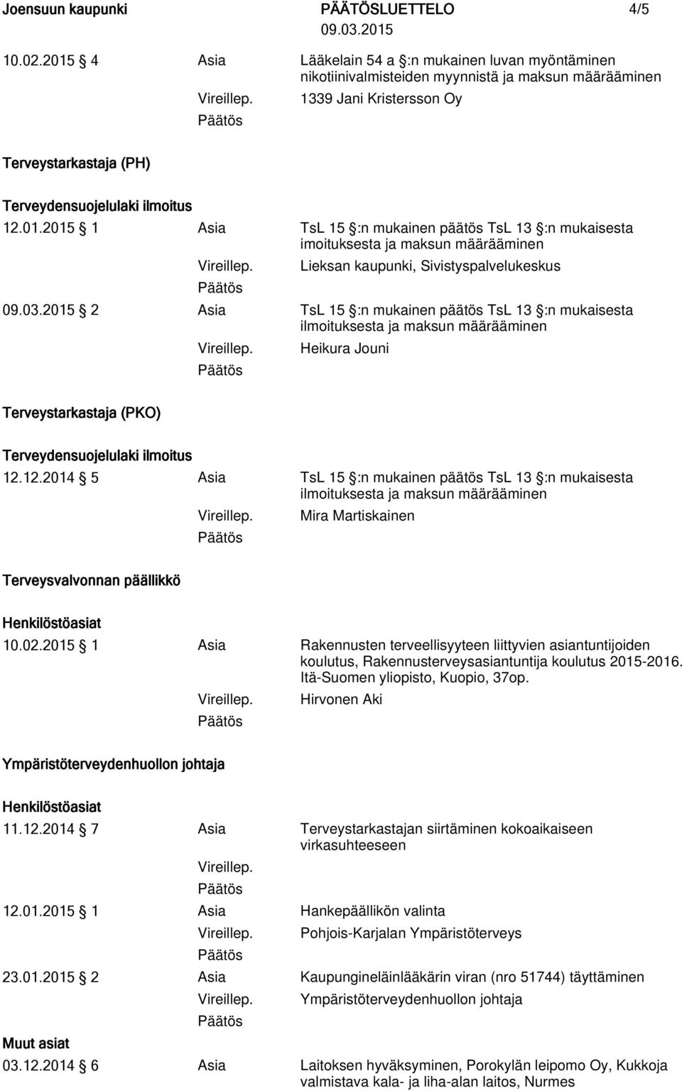 2015 1 Asia TsL 15 :n mukainen päätös TsL 13 :n mukaisesta imoituksesta ja maksun määrääminen Lieksan kaupunki, Sivistyspalvelukeskus 2 Asia TsL 15 :n mukainen päätös TsL 13 :n mukaisesta Heikura