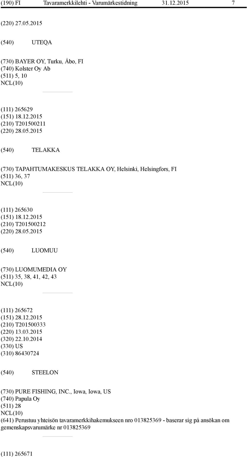 12.2015 (210) T201500333 (220) 13.03.2015 (320) 22.10.2014 (330) US (310) 86430724 STEELON (730) PURE FISHING, INC.