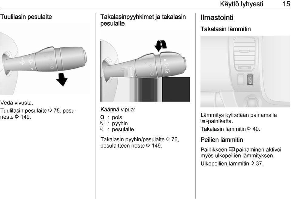 Käännä vipua: 7 : pois e : pyyhin f : pesulaite Takalasin pyyhin/pesulaite 3 76, pesulaitteen neste 3 149.