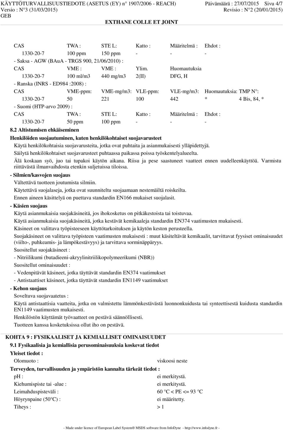 Huomautuksia 1330-20-7 100 ml/m3 440 mg/m3 2(II) DFG, H - Ranska (INRS - ED984 :2008) : CAS VME-ppm: VME-mg/m3: VLE-ppm: VLE-mg/m3: Huomautuksia: TMP N : 1330-20-7 50 221 100 442 * 4 Bis, 84, * -