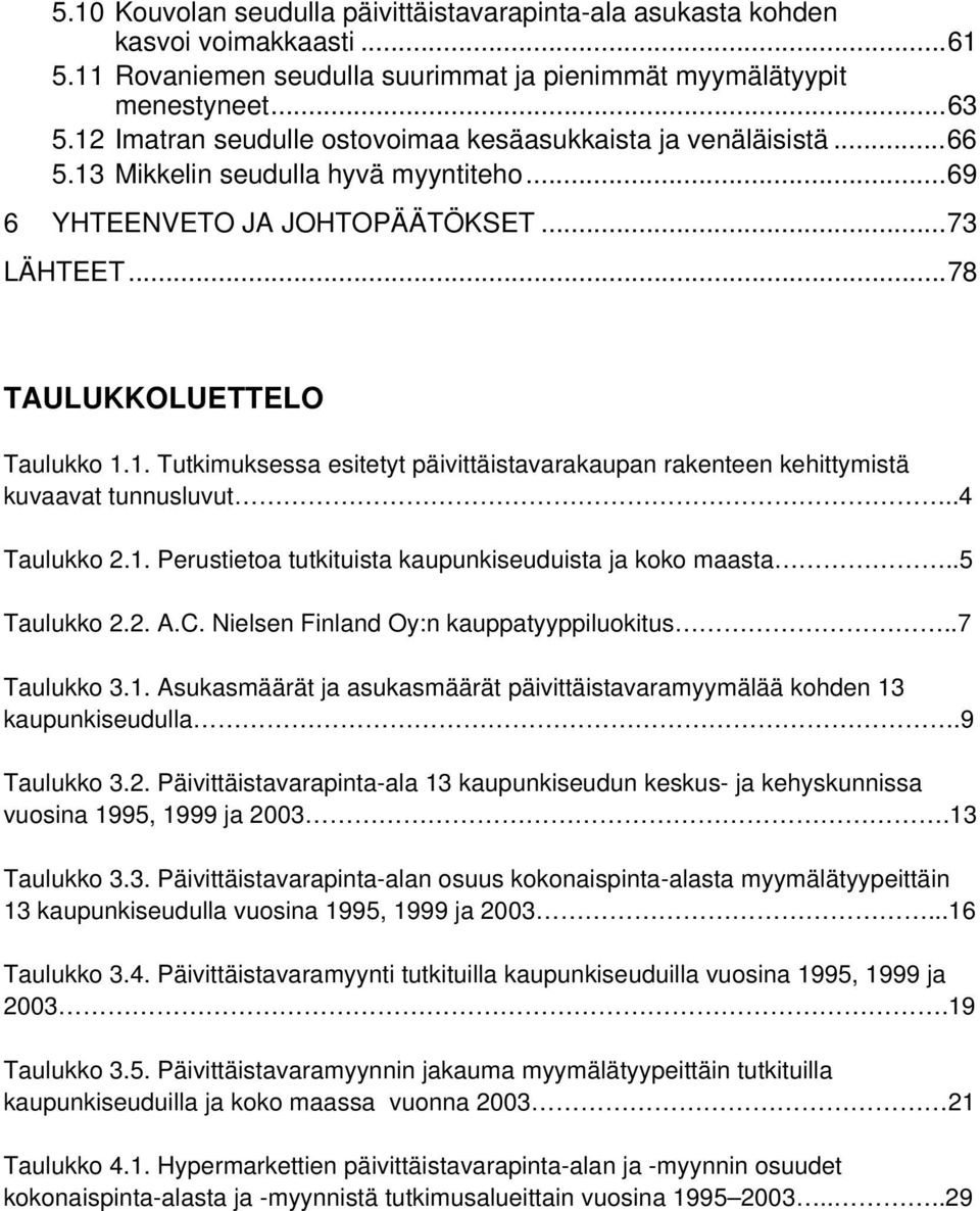.4 Taulukko 2.1. Perustietoa tutkituista kaupunkiseuduista ja koko maasta..5 Taulukko 2.2. A.C. Nielsen Finland Oy:n kauppatyyppiluokitus..7 Taulukko 3.1. Asukasmäärät ja asukasmäärät päivittäistavaramyymälää kohden 13 kaupunkiseudulla.