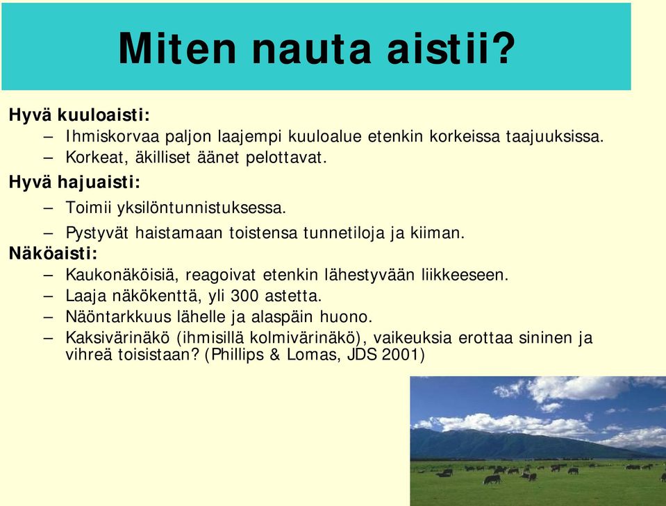 Pystyvät haistamaan toistensa tunnetiloja ja kiiman. Näköaisti: Kaukonäköisiä, reagoivat etenkin lähestyvään liikkeeseen.