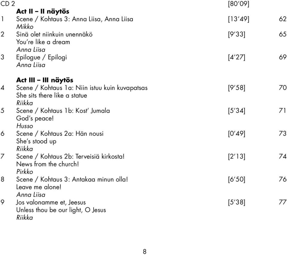 Kohtaus 1b: Kost Jumala [5 34] 71 God s peace! Husso 6 Scene / Kohtaus 2a: Hän nousi [0 49] 73 She s stood up Riikka 7 Scene / Kohtaus 2b: Terveisiä kirkosta!