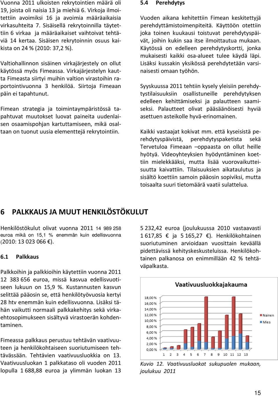 Valtiohallinnon sisäinen virkajärjestely on ollut käytössä myös Fimeassa. Virkajärjestelyn kautta Fimeasta siirtyi muihin valtion virastoihin raportointivuonna 3 henkilöä.