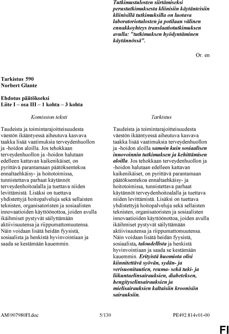 590 Norbert Glante Liite I osa III 1 kohta 3 kohta Taudeista ja toimintarajoitteisuudesta väestön ikääntyessä aiheutuva kasvava taakka lisää vaatimuksia terveydenhuollon ja -hoidon aloilla.