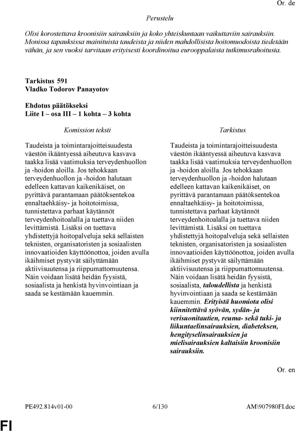 591 Vladko Todorov Panayotov Liite I osa III 1 kohta 3 kohta Taudeista ja toimintarajoitteisuudesta väestön ikääntyessä aiheutuva kasvava taakka lisää vaatimuksia terveydenhuollon ja -hoidon aloilla.