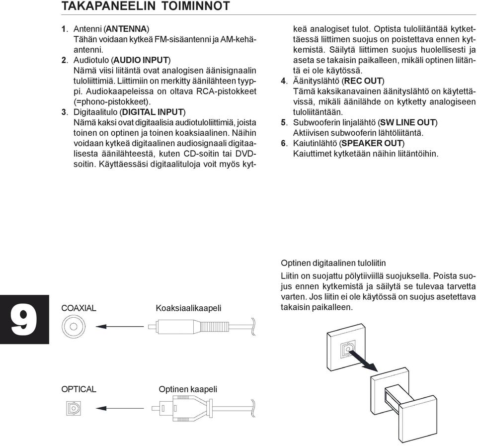 Digitaalitulo (DIGITAL INPUT) Nämä kaksi ovat digitaalisia audiotuloliittimiä, joista toinen on optinen ja toinen koaksiaalinen.