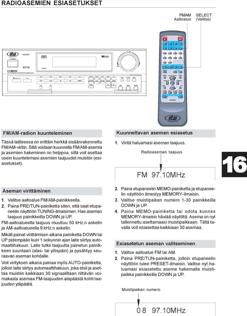 Radioaseman taajuus 16 Aseman virittäminen 1. Valitse aaltoalue FM/AM-painikkeella. 2. Paina PRE/TUN-painiketta siten, että saat etupaneelin näyttöön TUNING-ilmaisimen.