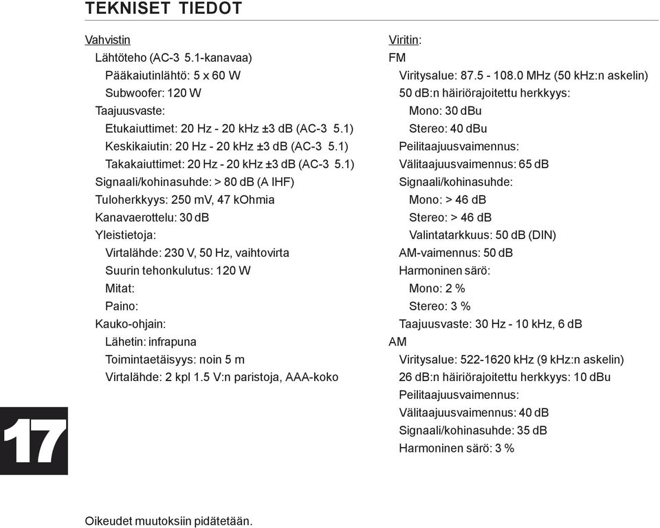 1) Signaali/kohinasuhde: > 80 db (A IHF) Tuloherkkyys: 250 mv, 47 kohmia Kanavaerottelu: 30 db Yleistietoja: Virtalähde: 230 V, 50 Hz, vaihtovirta Suurin tehonkulutus: 120 W Mitat: Paino: