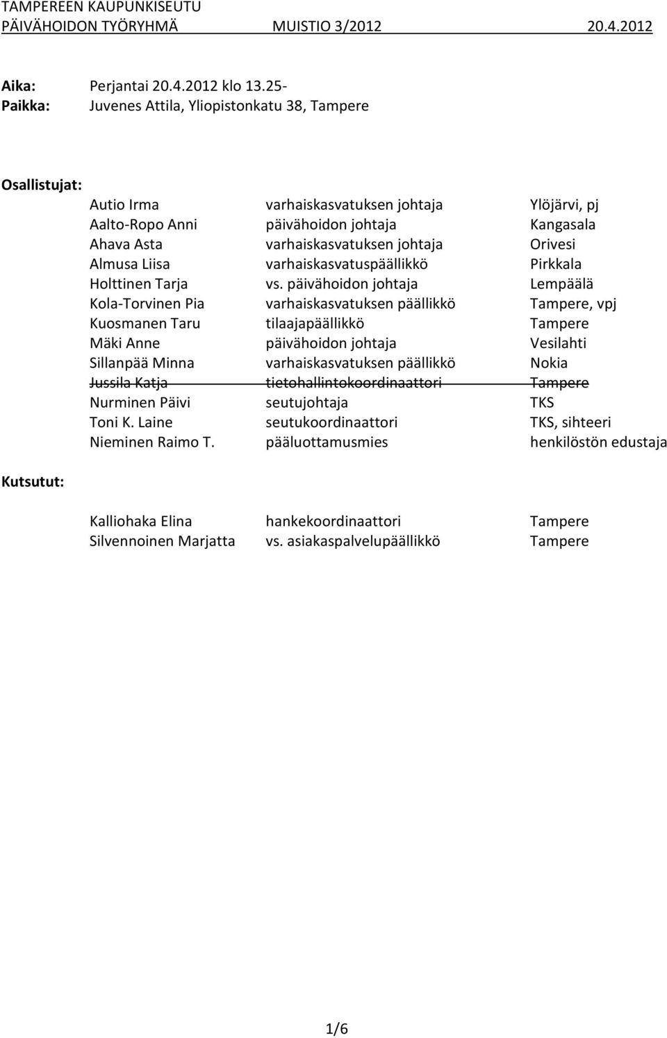 varhaiskasvatuksen johtaja Orivesi Almusa Liisa varhaiskasvatuspäällikkö Pirkkala Holttinen Tarja vs.