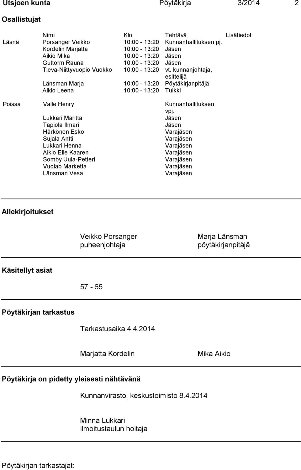 kunnanjohtaja, esittelijä Länsman Marja 10:00-13:20 Pöytäkirjanpitäjä Aikio Leena 10:00-13:20 Tulkki Poissa Valle Henry Kunnanhallituksen vpj.