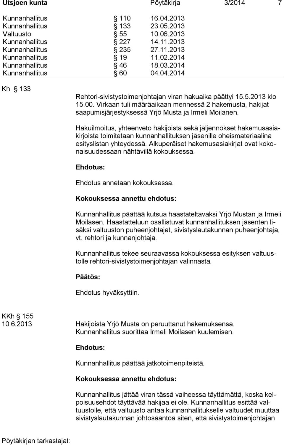 Virkaan tuli määräaikaan mennessä 2 hakemusta, hakijat saapumisjärjestyksessä Yrjö Musta ja Irmeli Moilanen.