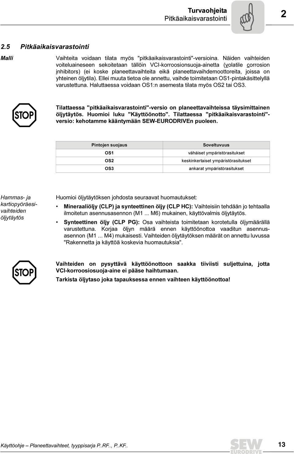 öljytila). Ellei muuta tietoa ole annettu, vaihde toimitetaan OS1-pintakäsittelyllä varustettuna. Haluttaessa voidaan OS1:n asemesta tilata myös OS2 tai OS3.